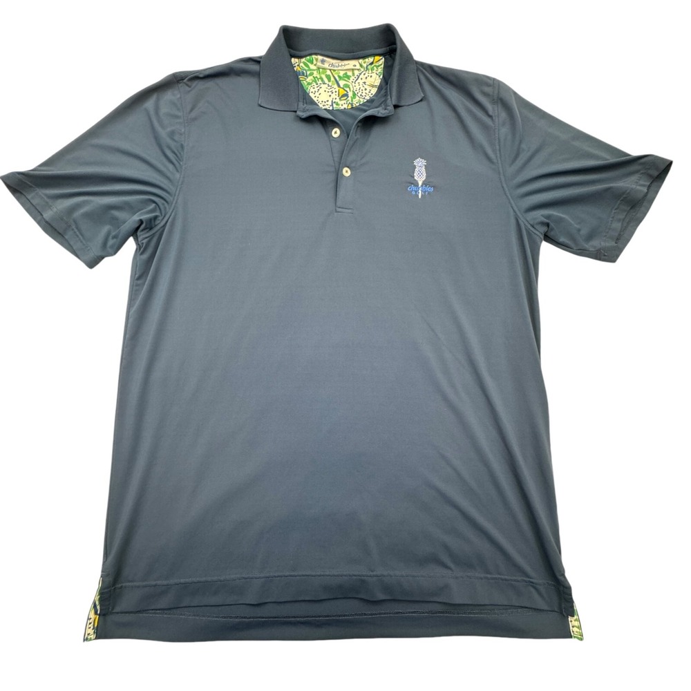 Chubbies Golf Polo Shirt Mens L Navy Stretch High Low Slit Pineapple Logo Preppy